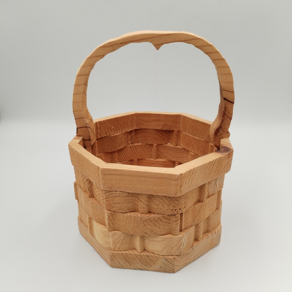 Folk Art Hand Carved Wooden Octagon Basket – Signed George Hughes 7.5 In.